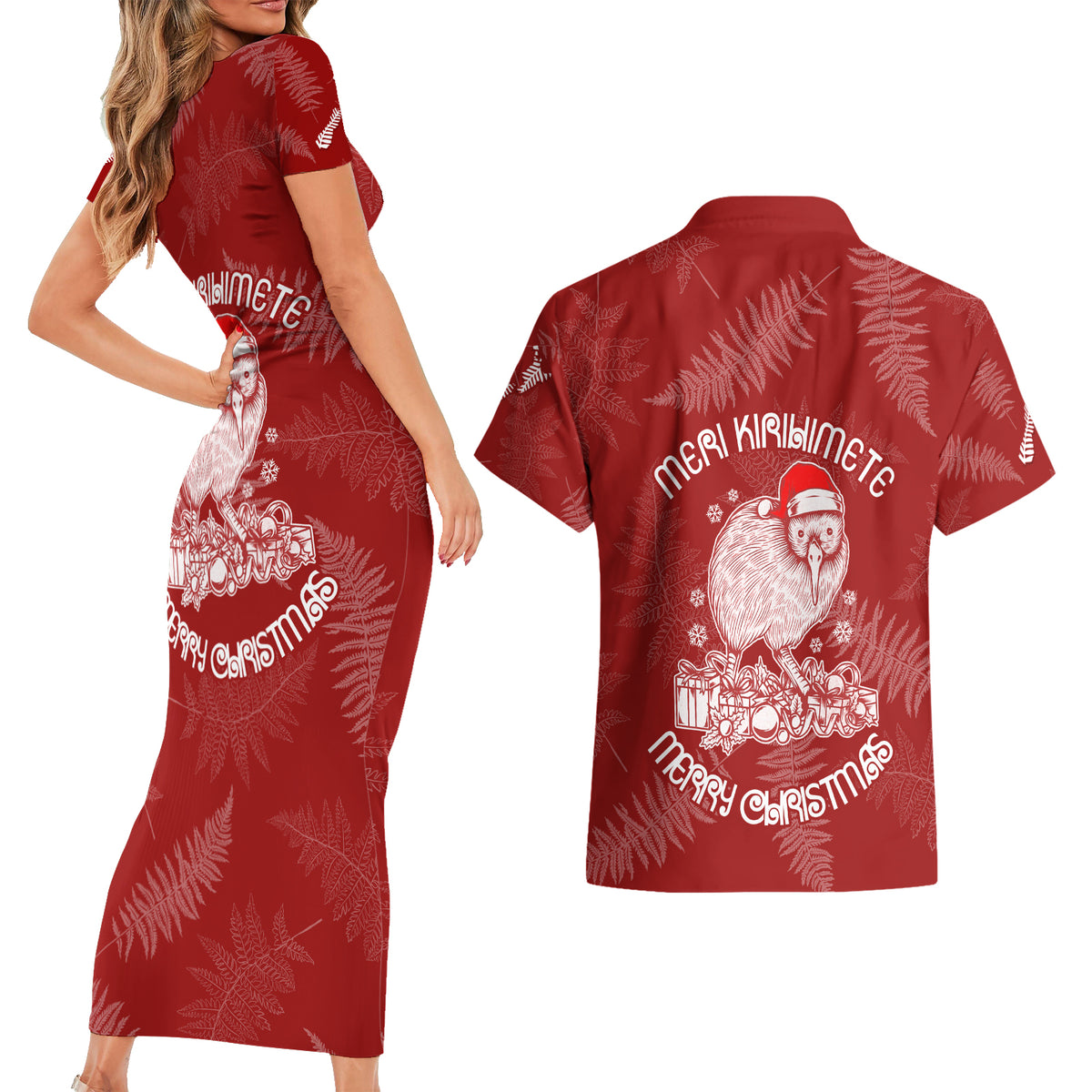 New Zealand Christmas Couples Matching Short Sleeve Bodycon Dress and Hawaiian Shirt Silver Fern Mix Kiwi Bird Ver01 LT7 - Polynesian Pride