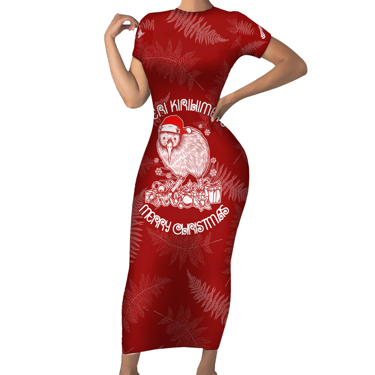 New Zealand Christmas Family Matching Short Sleeve Bodycon Dress and Hawaiian Shirt Silver Fern Mix Kiwi Bird Ver01 LT7 Mom's Dress Red - Polynesian Pride