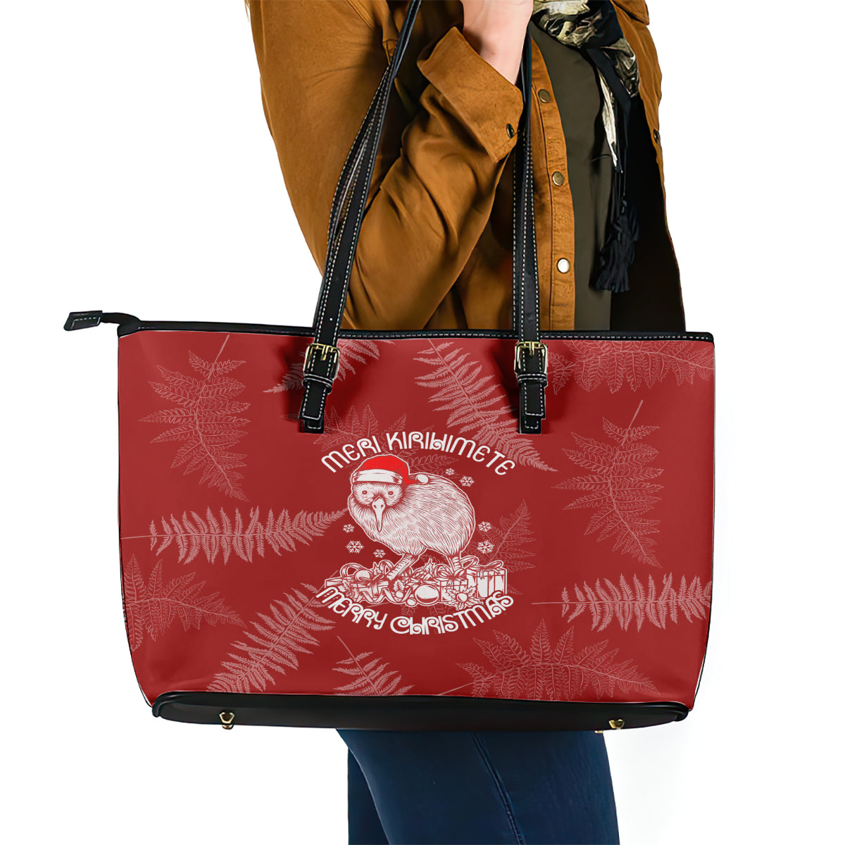 New Zealand Christmas Leather Tote Bag Silver Fern Mix Kiwi Bird Ver01 LT7 - Polynesian Pride