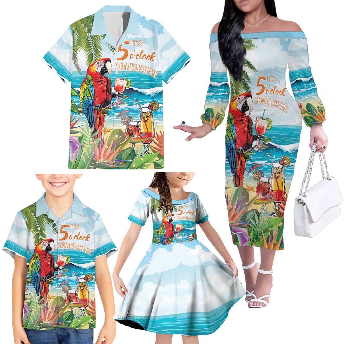 Aloha Hawaii Christmas Family Matching Off The Shoulder Long Sleeve Dress and Hawaiian Shirt It's 5 o'clock Somewhere LT7 - Polynesian Pride