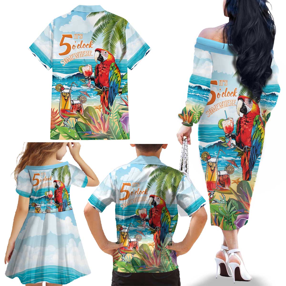 Aloha Hawaii Christmas Family Matching Off The Shoulder Long Sleeve Dress and Hawaiian Shirt It's 5 o'clock Somewhere LT7 - Polynesian Pride
