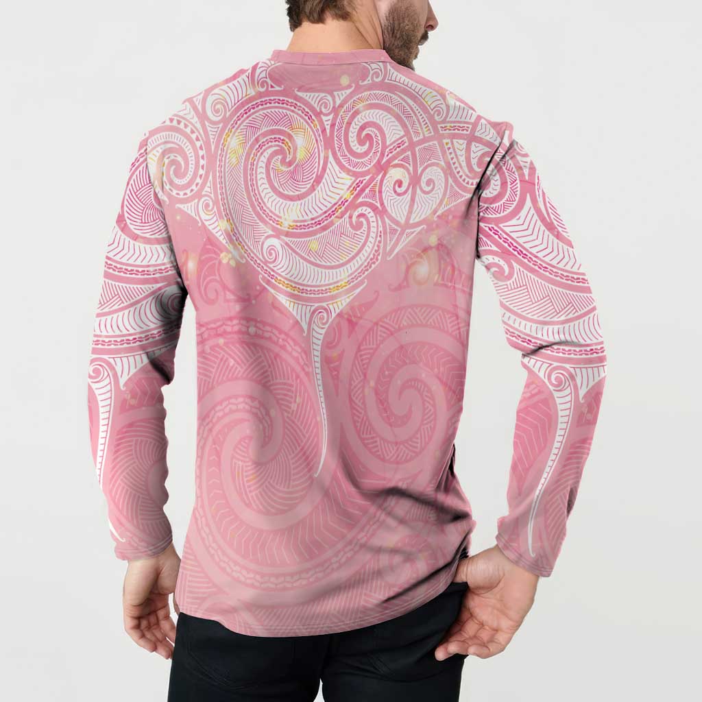 Breast Cancer Awareness Maori Aotearoa Button Sweatshirt Manta Ray - Pink Glaze - Polynesian Pride