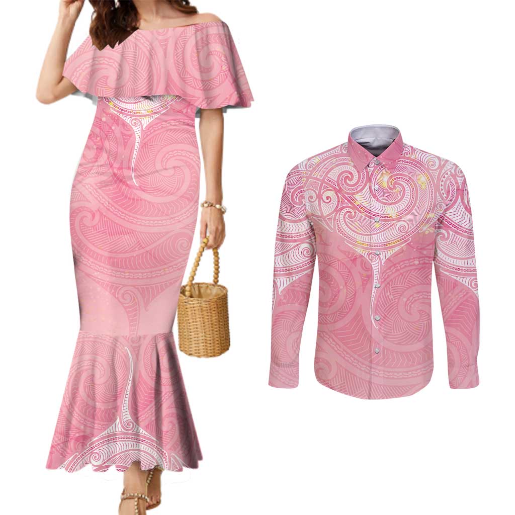Breast Cancer Awareness Maori Aotearoa Couples Matching Mermaid Dress and Long Sleeve Button Shirt Manta Ray - Pink Glaze - Polynesian Pride