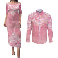 Breast Cancer Awareness Maori Aotearoa Couples Matching Puletasi and Long Sleeve Button Shirt Manta Ray - Pink Glaze - Polynesian Pride