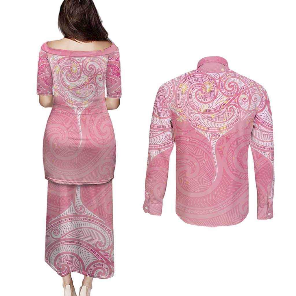 Breast Cancer Awareness Maori Aotearoa Couples Matching Puletasi and Long Sleeve Button Shirt Manta Ray - Pink Glaze - Polynesian Pride