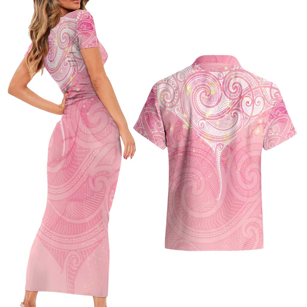 Breast Cancer Awareness Maori Aotearoa Couples Matching Short Sleeve Bodycon Dress and Hawaiian Shirt Manta Ray - Pink Glaze - Polynesian Pride