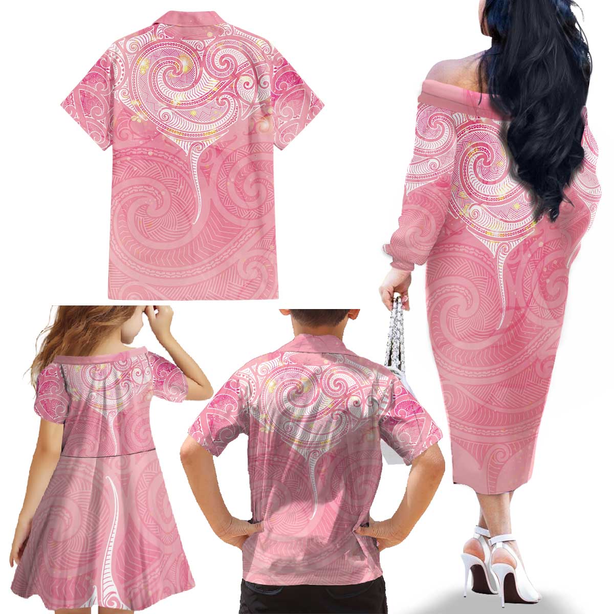 Breast Cancer Awareness Maori Aotearoa Family Matching Off The Shoulder Long Sleeve Dress and Hawaiian Shirt Manta Ray - Pink Glaze - Polynesian Pride