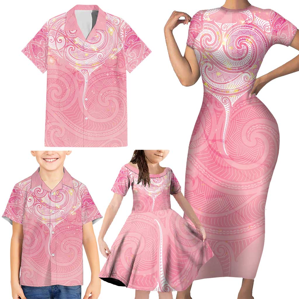 Breast Cancer Awareness Maori Aotearoa Family Matching Short Sleeve Bodycon Dress and Hawaiian Shirt Manta Ray - Pink Glaze - Polynesian Pride