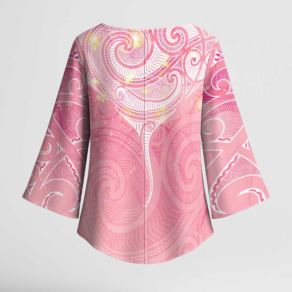 Breast Cancer Awareness Maori Aotearoa Kimono Sleeve Blouse Manta Ray - Pink Glaze - Polynesian Pride