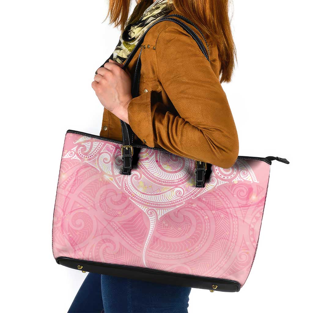 Breast Cancer Awareness Maori Aotearoa Leather Tote Bag Manta Ray - Pink Glaze - Polynesian Pride