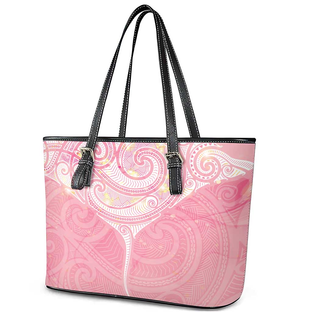 Breast Cancer Awareness Maori Aotearoa Leather Tote Bag Manta Ray - Pink Glaze - Polynesian Pride
