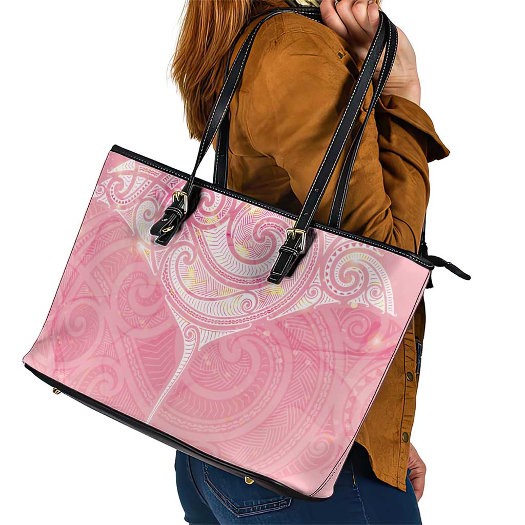 Breast Cancer Awareness Maori Aotearoa Leather Tote Bag Manta Ray - Pink Glaze - Polynesian Pride