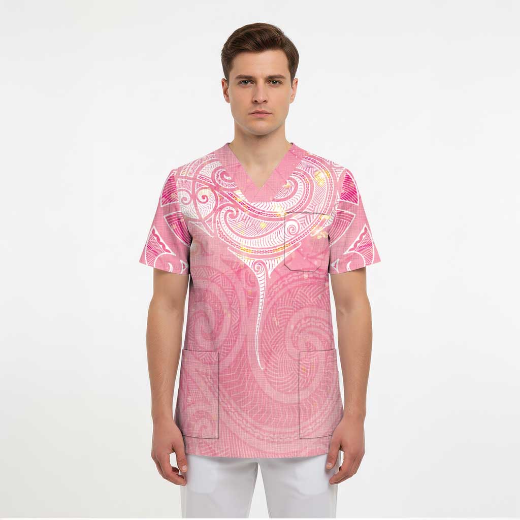 Breast Cancer Awareness Maori Aotearoa Scrub Top Manta Ray - Pink Glaze - Polynesian Pride