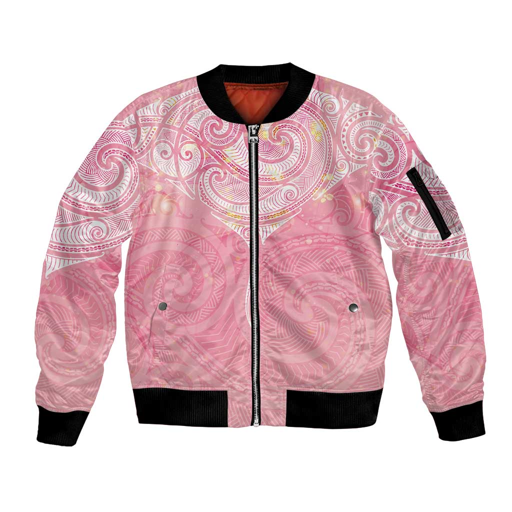 Breast Cancer Awareness Maori Aotearoa Sleeve Zip Bomber Jacket Manta Ray - Pink Glaze - Polynesian Pride