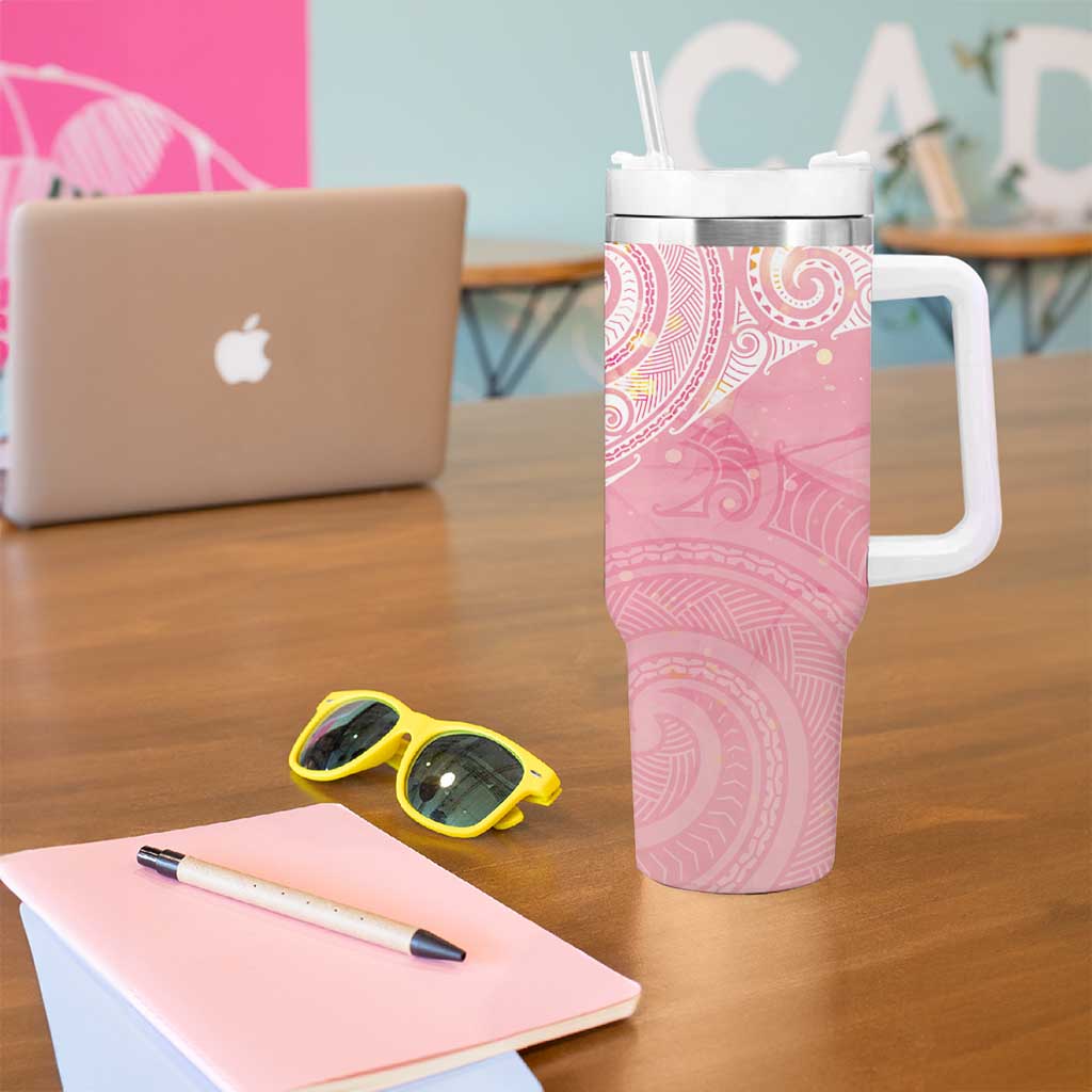 Breast Cancer Awareness Maori Aotearoa Tumbler With Handle Manta Ray - Pink Glaze - Polynesian Pride