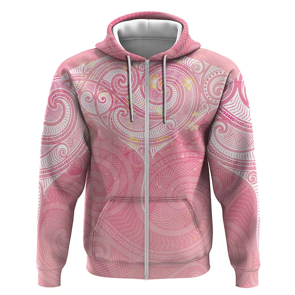 Breast Cancer Awareness Maori Aotearoa Zip Hoodie Manta Ray - Pink Glaze - Polynesian Pride