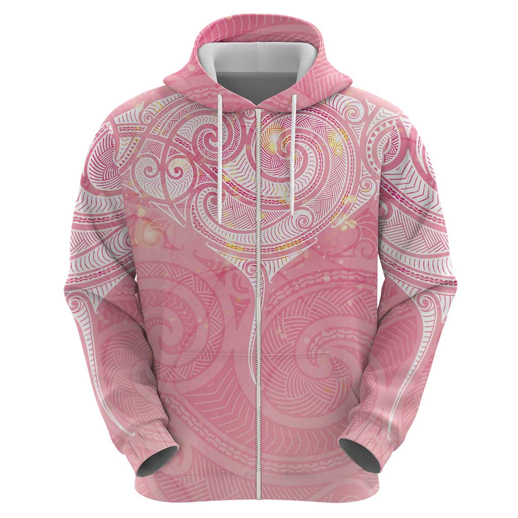 Breast Cancer Awareness Maori Aotearoa Zip Hoodie Manta Ray - Pink Glaze - Polynesian Pride
