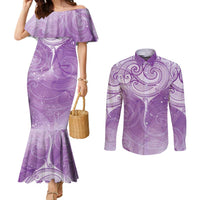 Epilepsy Awareness Maori Aotearoa Couples Matching Mermaid Dress and Long Sleeve Button Shirt Manta Ray - Purple Glaze - Polynesian Pride