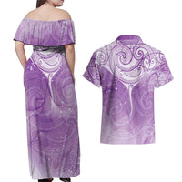 Epilepsy Awareness Maori Aotearoa Couples Matching Off Shoulder Maxi Dress and Hawaiian Shirt Manta Ray - Purple Glaze - Polynesian Pride