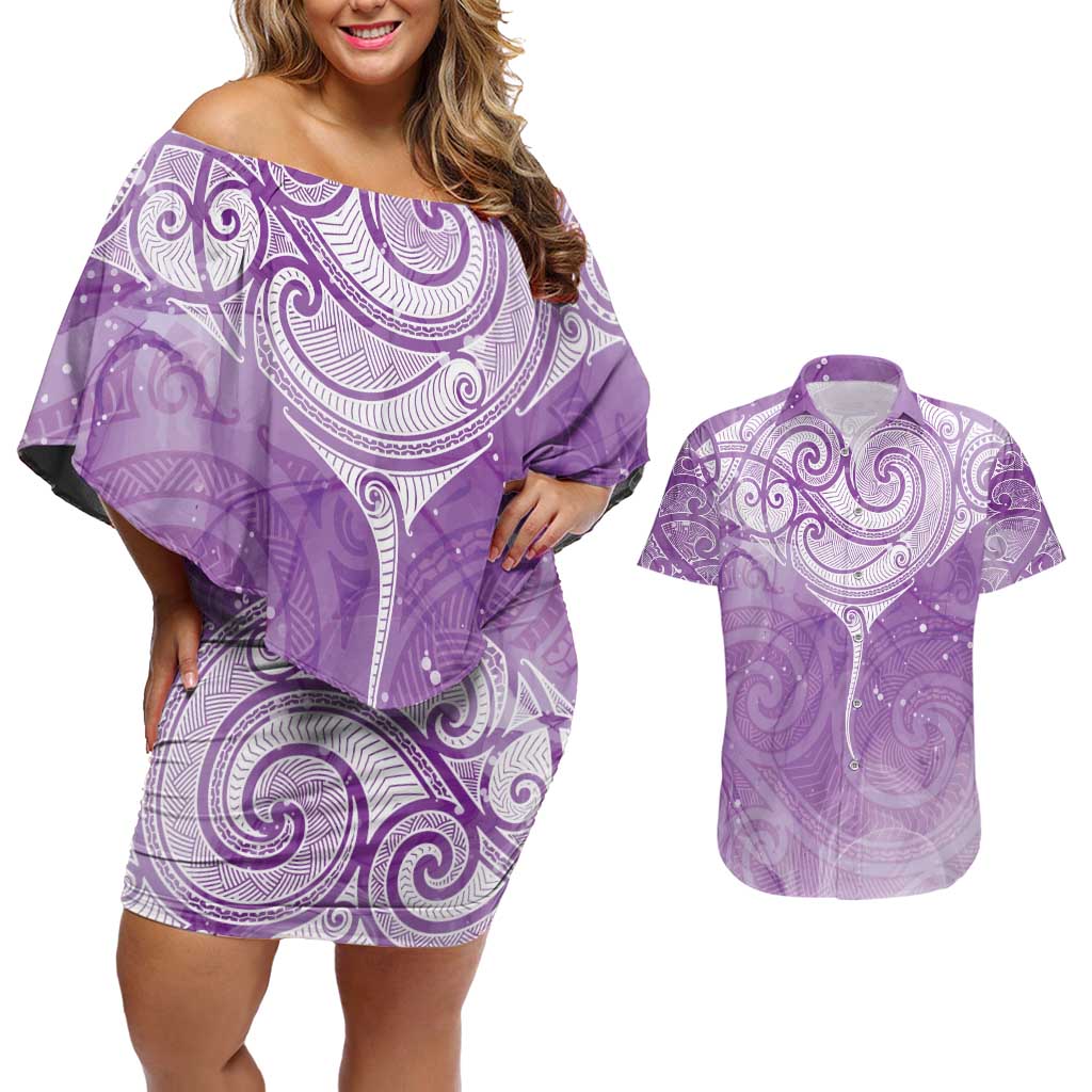 Epilepsy Awareness Maori Aotearoa Couples Matching Off Shoulder Short Dress and Hawaiian Shirt Manta Ray - Purple Glaze - Polynesian Pride