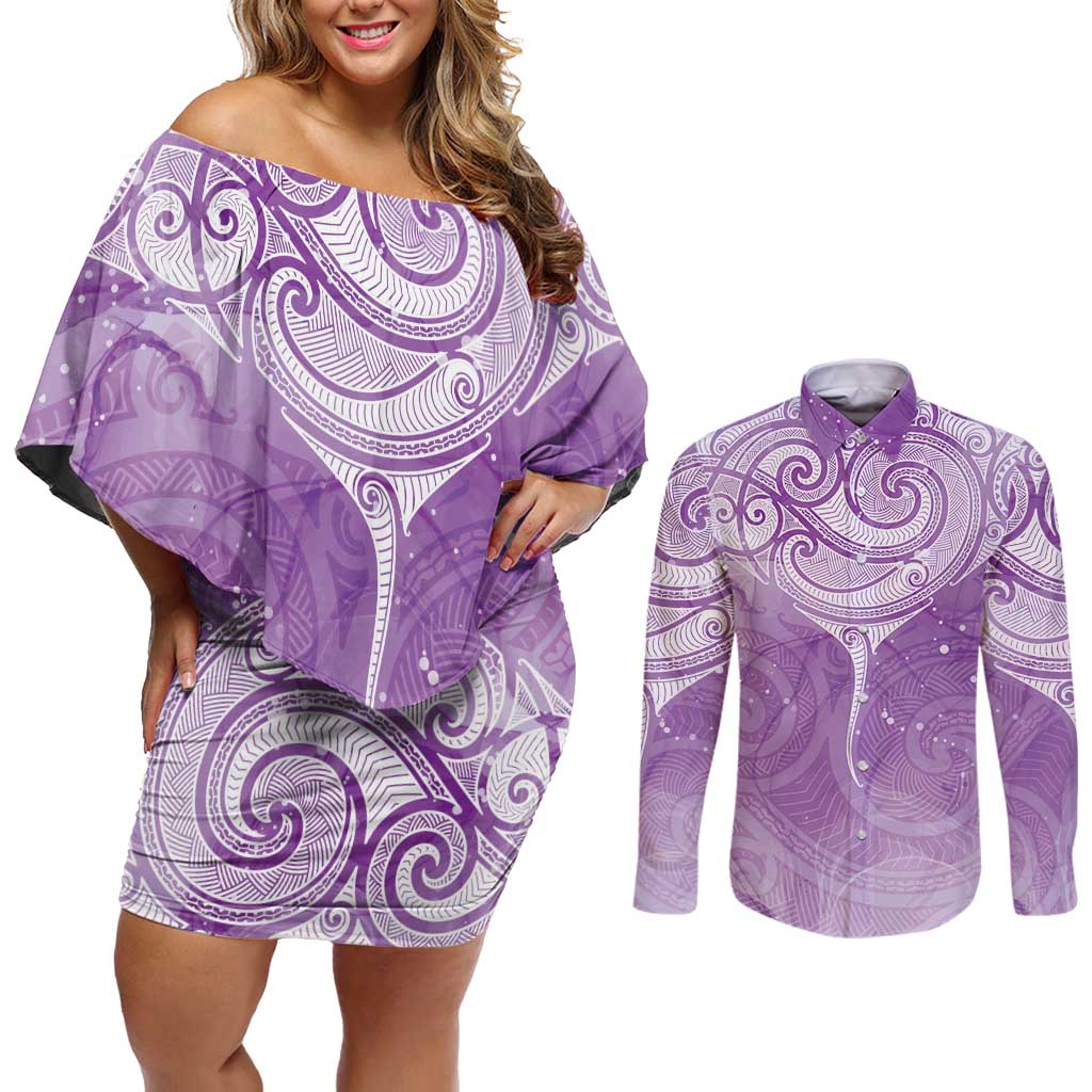 Epilepsy Awareness Maori Aotearoa Couples Matching Off Shoulder Short Dress and Long Sleeve Button Shirt Manta Ray - Purple Glaze - Polynesian Pride