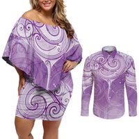 Epilepsy Awareness Maori Aotearoa Couples Matching Off Shoulder Short Dress and Long Sleeve Button Shirt Manta Ray - Purple Glaze - Polynesian Pride