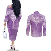 Epilepsy Awareness Maori Aotearoa Couples Matching Off The Shoulder Long Sleeve Dress and Long Sleeve Button Shirt Manta Ray - Purple Glaze - Polynesian Pride