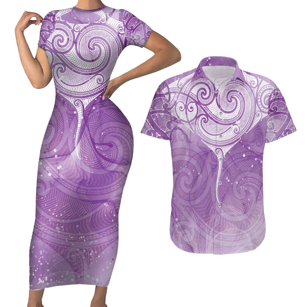 Epilepsy Awareness Maori Aotearoa Couples Matching Short Sleeve Bodycon Dress and Hawaiian Shirt Manta Ray - Purple Glaze - Polynesian Pride