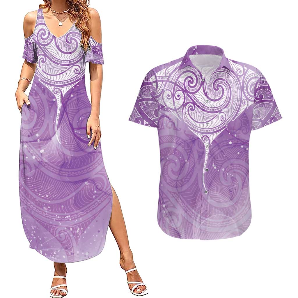 Epilepsy Awareness Maori Aotearoa Couples Matching Summer Maxi Dress and Hawaiian Shirt Manta Ray - Purple Glaze - Polynesian Pride
