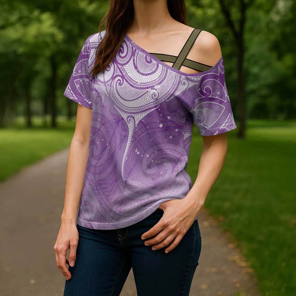 Epilepsy Awareness Maori Aotearoa Cross Shoulder Shirt Manta Ray - Purple Glaze - Polynesian Pride