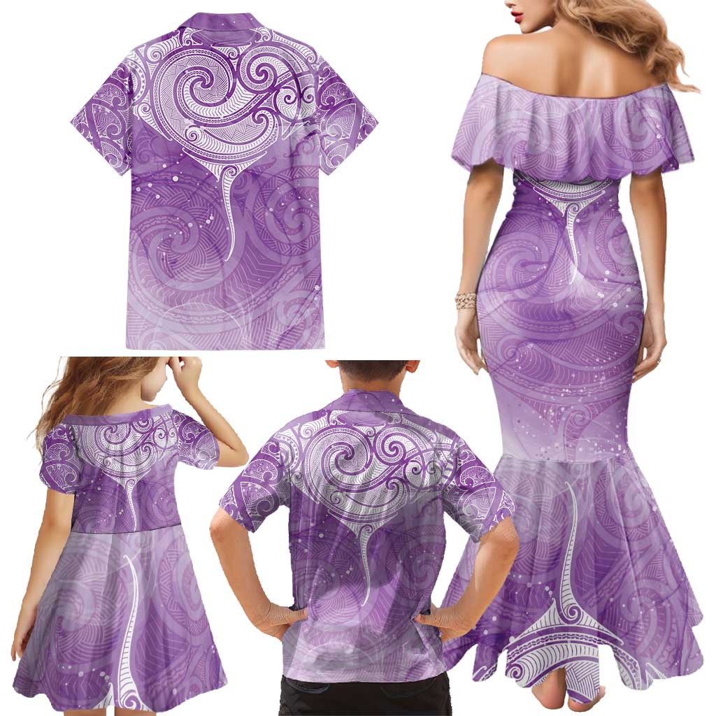 Epilepsy Awareness Maori Aotearoa Family Matching Mermaid Dress and Hawaiian Shirt Manta Ray - Purple Glaze - Polynesian Pride