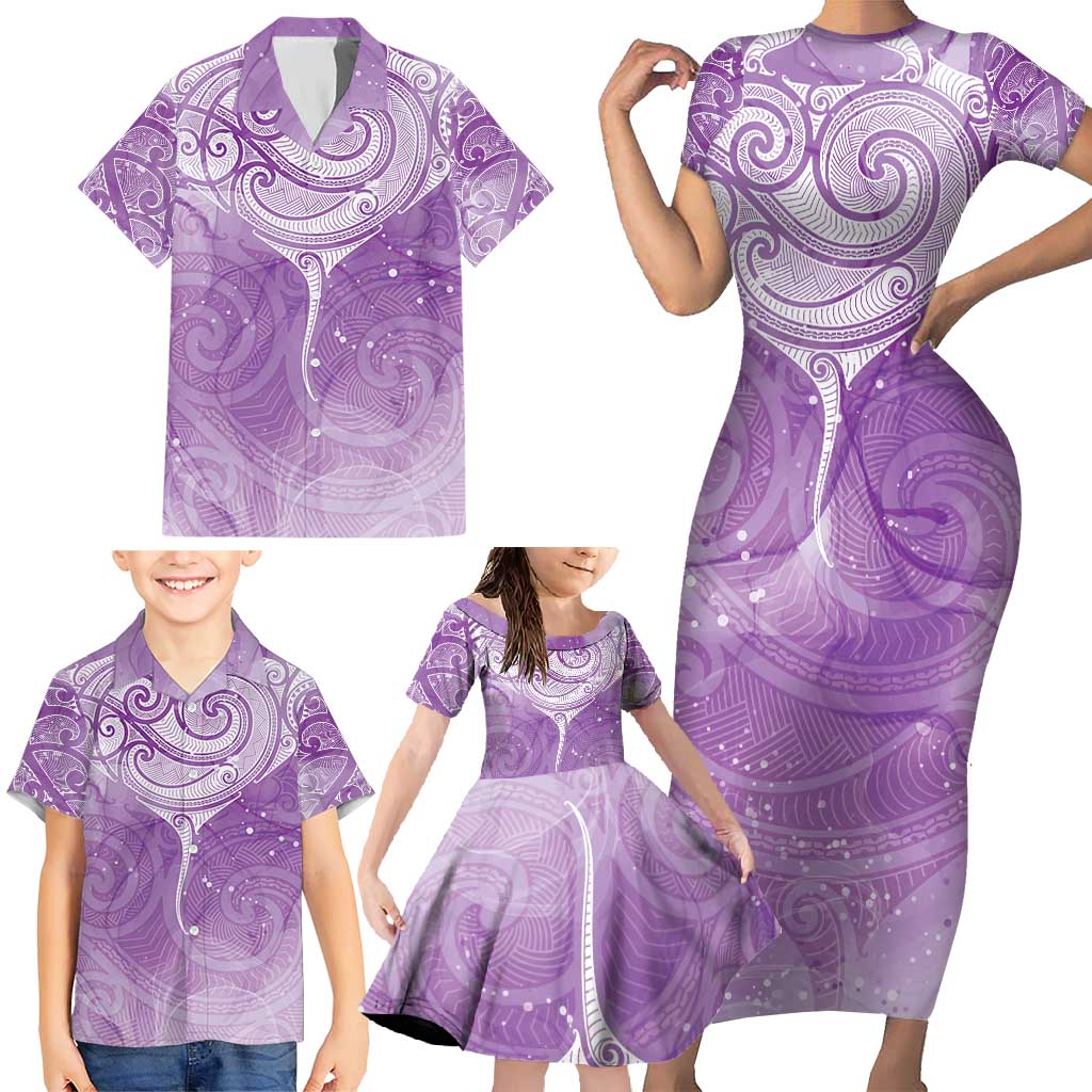 Epilepsy Awareness Maori Aotearoa Family Matching Short Sleeve Bodycon Dress and Hawaiian Shirt Manta Ray - Purple Glaze - Polynesian Pride