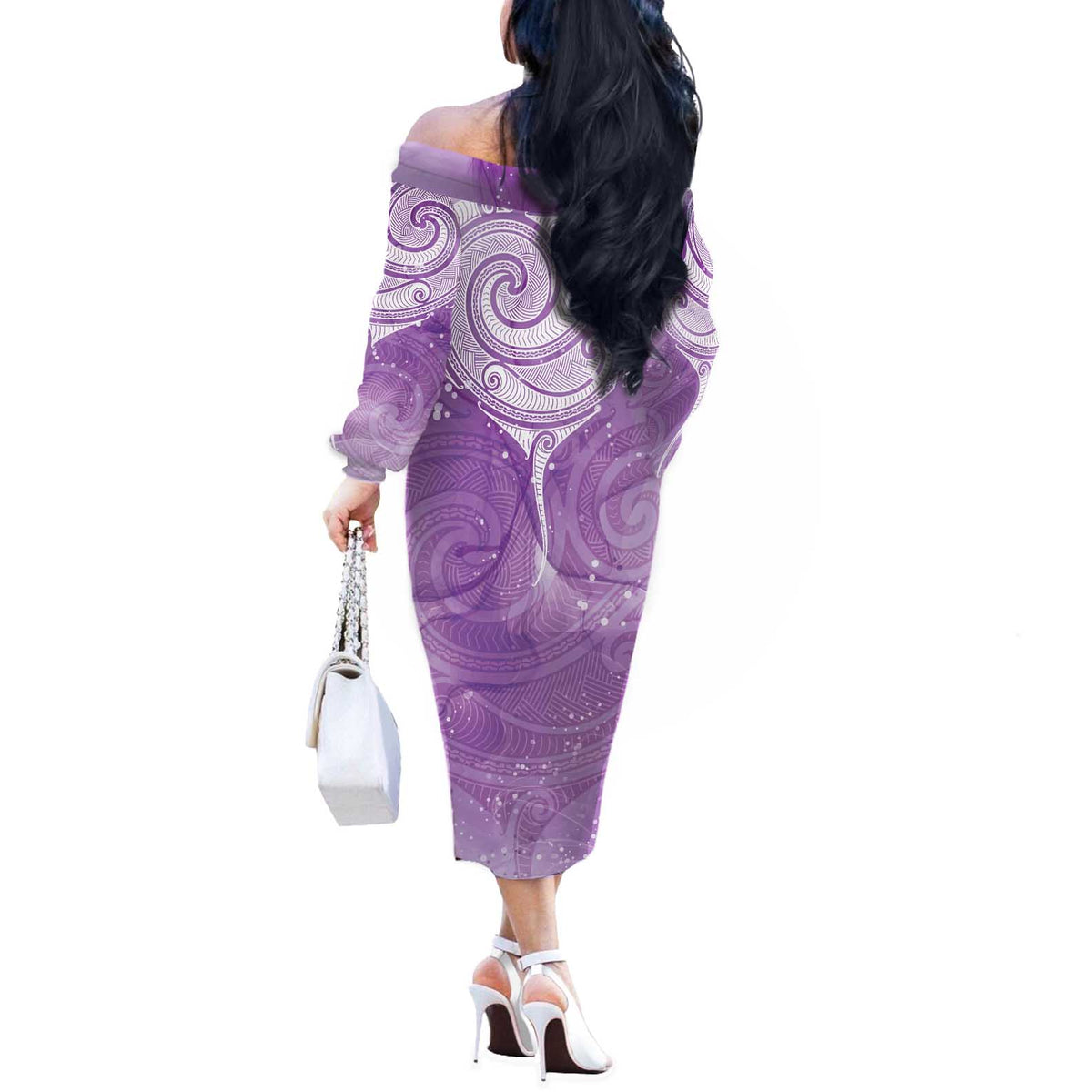 Epilepsy Awareness Maori Aotearoa Off The Shoulder Long Sleeve Dress Manta Ray - Purple Glaze - Polynesian Pride
