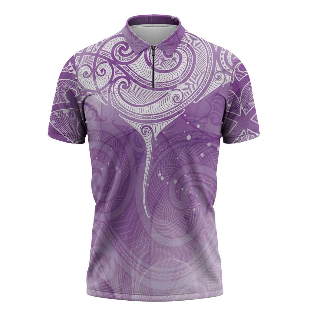 Epilepsy Awareness Maori Aotearoa Zipper Polo Shirt Manta Ray - Purple Glaze - Polynesian Pride