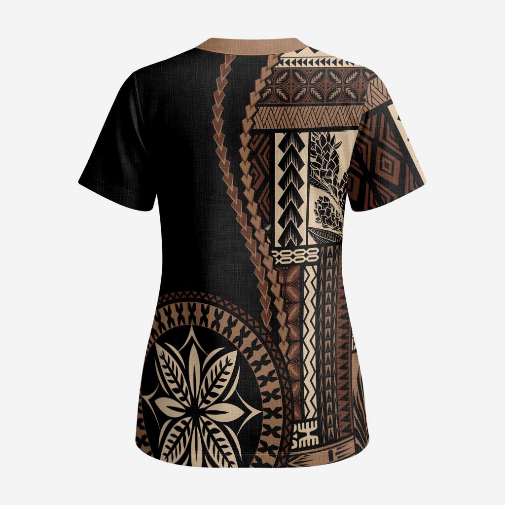 Samoa Siapo Motif Scrub Top Classic Style - Black Ver02 LT7 - Polynesian Pride