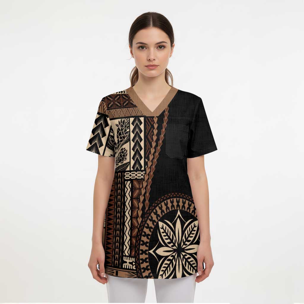Samoa Siapo Motif Scrub Top Classic Style - Black Ver02 LT7 - Polynesian Pride