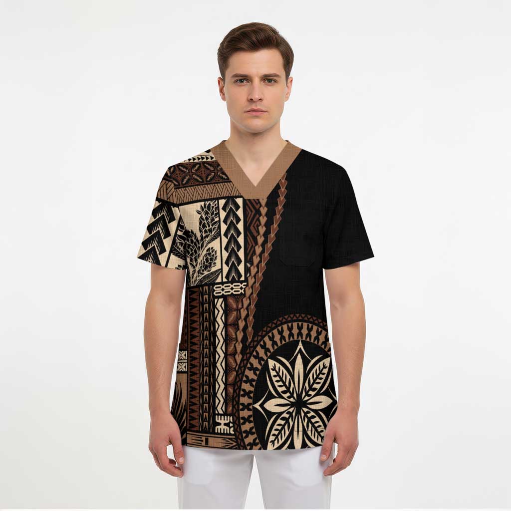 Samoa Siapo Motif Scrub Top Classic Style - Black Ver02 LT7 - Polynesian Pride