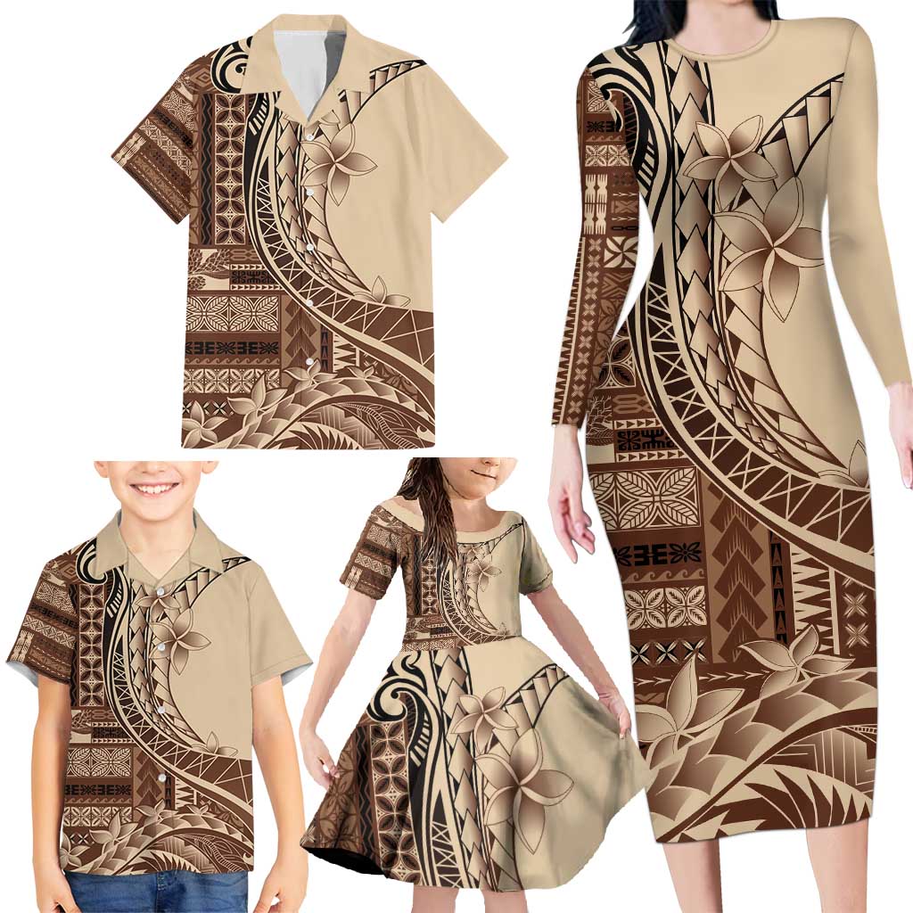 Samoa Siapo Mamanu Family Matching Long Sleeve Bodycon Dress and Hawaiian Shirt Plumeria Mocha Motifs LT7 - Polynesian Pride