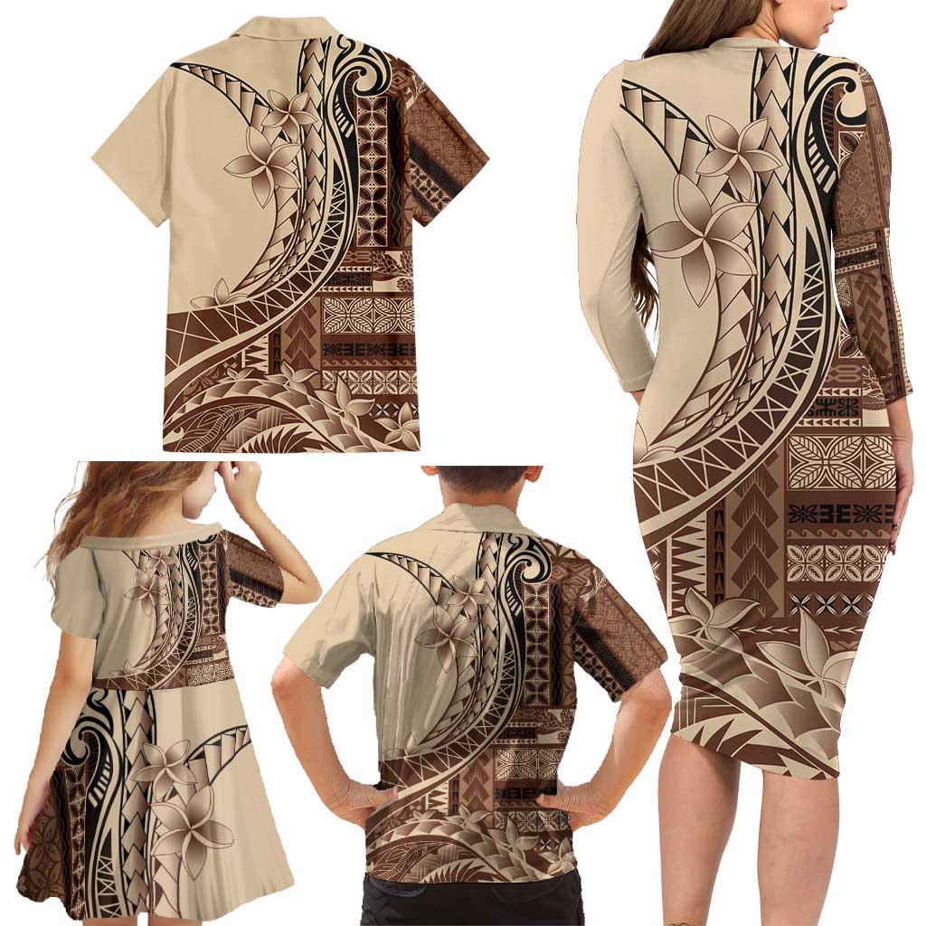 Samoa Siapo Mamanu Family Matching Long Sleeve Bodycon Dress and Hawaiian Shirt Plumeria Mocha Motifs LT7 - Polynesian Pride