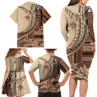 Samoa Siapo Mamanu Family Matching Long Sleeve Bodycon Dress and Hawaiian Shirt Plumeria Mocha Motifs LT7 - Polynesian Pride