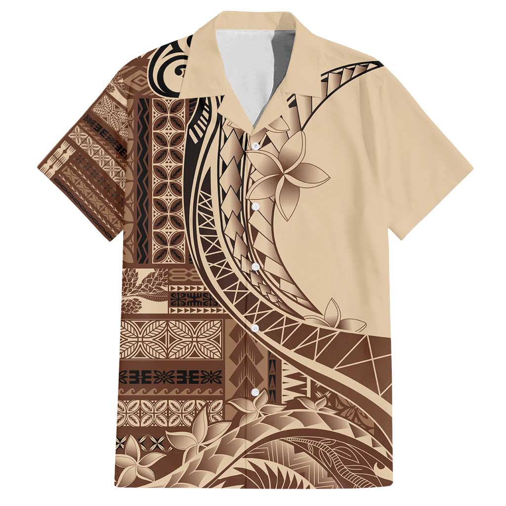 Samoa Siapo Mamanu Family Matching Long Sleeve Bodycon Dress and Hawaiian Shirt Plumeria Mocha Motifs LT7 Dad's Shirt - Short Sleeve Mocha - Polynesian Pride