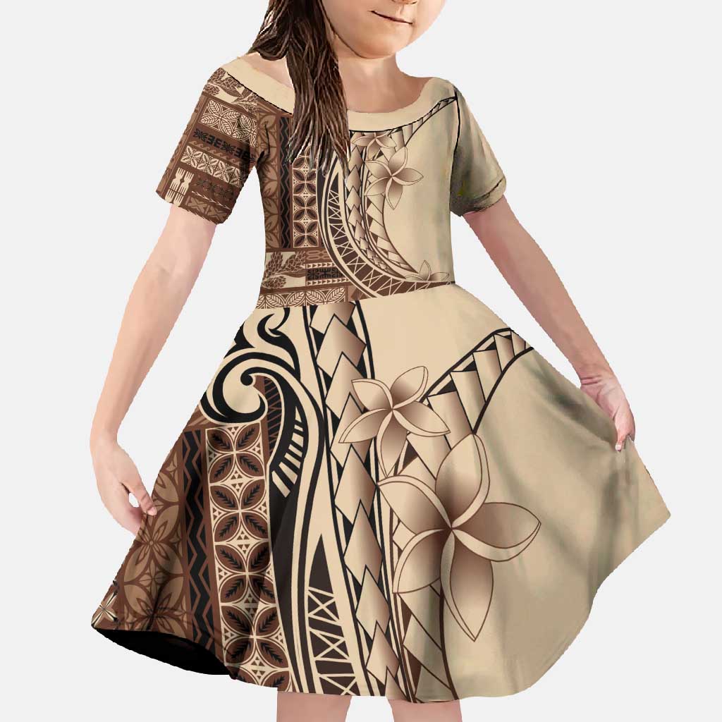Samoa Siapo Mamanu Family Matching Mermaid Dress and Hawaiian Shirt Plumeria Mocha Motifs LT7 Daughter's Dress Mocha - Polynesian Pride