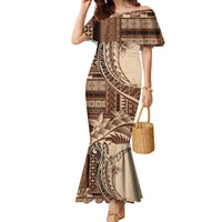 Samoa Siapo Mamanu Family Matching Mermaid Dress and Hawaiian Shirt Plumeria Mocha Motifs LT7 Mom's Dress Mocha - Polynesian Pride