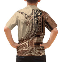 Samoa Siapo Mamanu Family Matching Off The Shoulder Long Sleeve Dress and Hawaiian Shirt Plumeria Mocha Motifs LT7 - Polynesian Pride