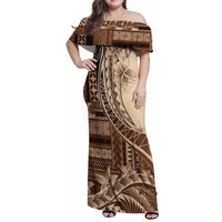 Samoa Siapo Mamanu Family Matching Off Shoulder Maxi Dress and Hawaiian Shirt Plumeria Mocha Motifs LT7 Mom's Dress Mocha - Polynesian Pride