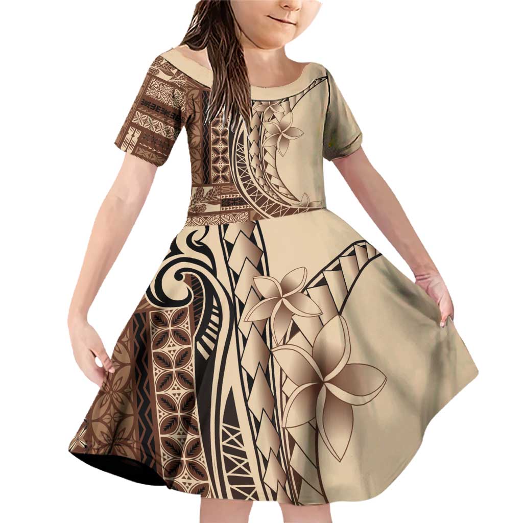 Samoa Siapo Mamanu Family Matching Off Shoulder Short Dress and Hawaiian Shirt Plumeria Mocha Motifs LT7 Daughter's Dress Mocha - Polynesian Pride