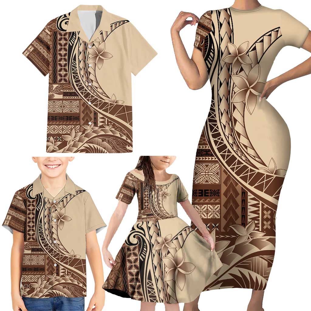 Samoa Siapo Mamanu Family Matching Short Sleeve Bodycon Dress and Hawaiian Shirt Plumeria Mocha Motifs LT7 - Polynesian Pride