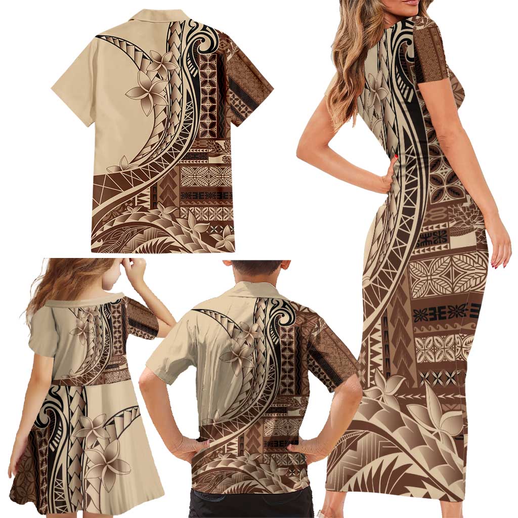 Samoa Siapo Mamanu Family Matching Short Sleeve Bodycon Dress and Hawaiian Shirt Plumeria Mocha Motifs LT7 - Polynesian Pride