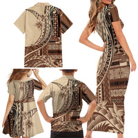 Samoa Siapo Mamanu Family Matching Short Sleeve Bodycon Dress and Hawaiian Shirt Plumeria Mocha Motifs LT7 - Polynesian Pride