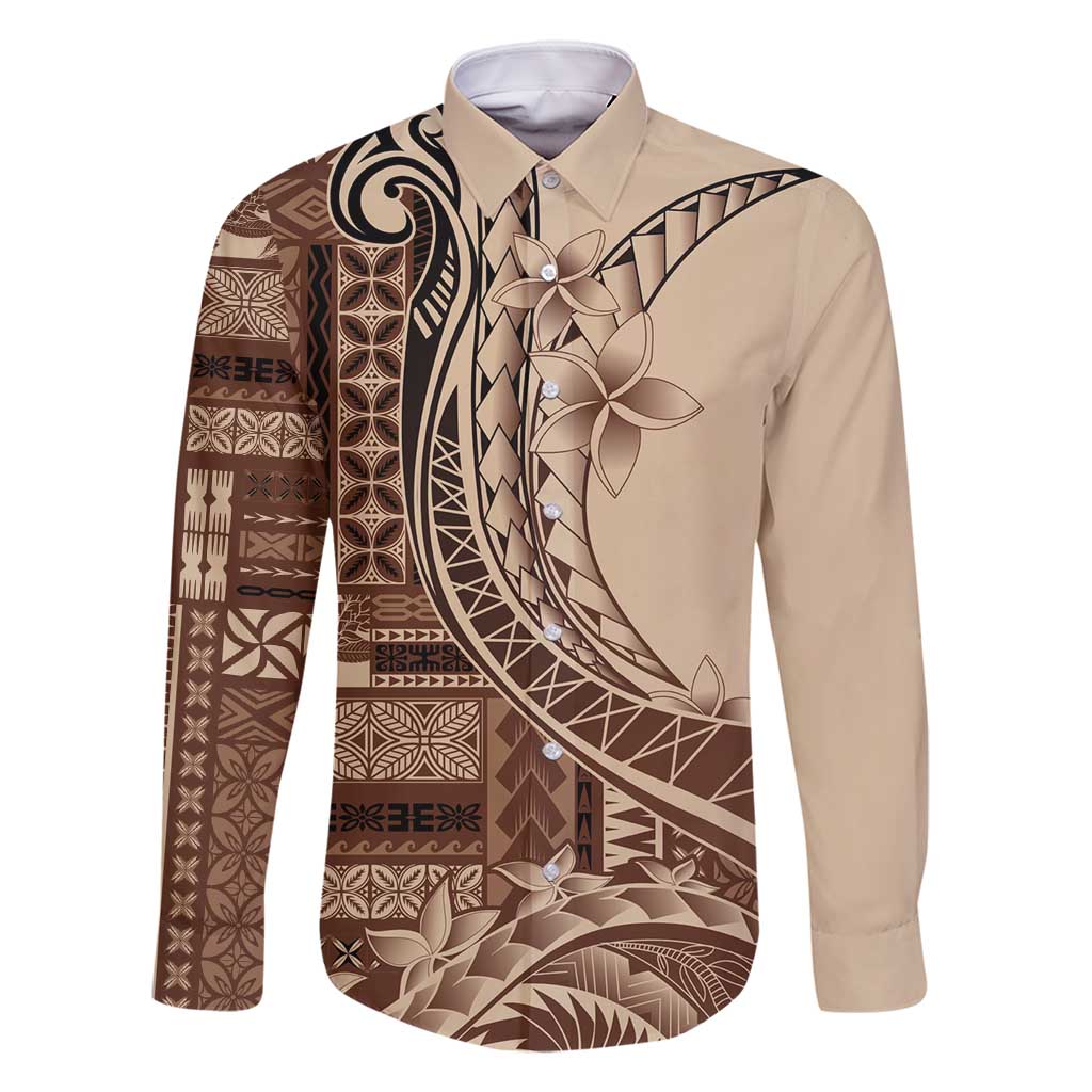 Samoa Siapo Mamanu Family Matching Summer Maxi Dress and Hawaiian Shirt Plumeria Mocha Motifs LT7 Dad's Shirt - Long Sleeve Mocha - Polynesian Pride